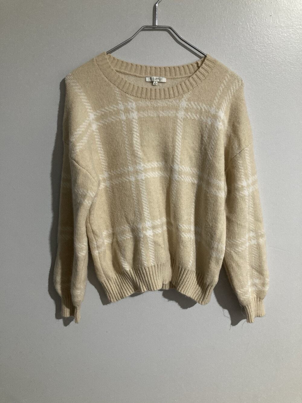 Z Supply Sweater Womens S Beige Plaid Knit Crewneck Pullover Soft Stretch